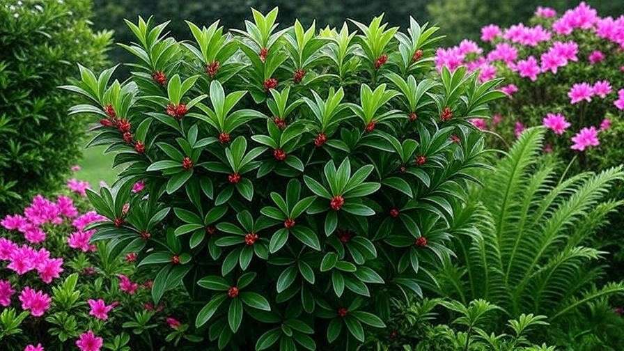 "Savannah Holly Tree hedge with azaleas and ferns in a well-designed garden."