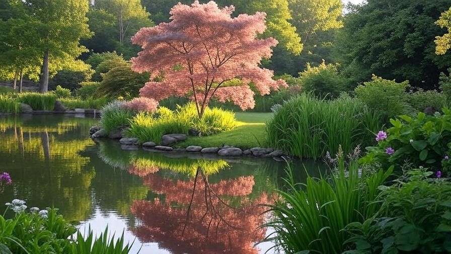 Willow Tree Pink as a focal point with reflection in a pond"