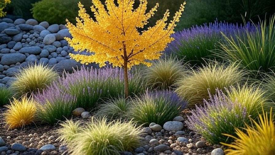 Dwarf ginkgo tree with golden fall foliage in a mixed border with lavender and rock garden"