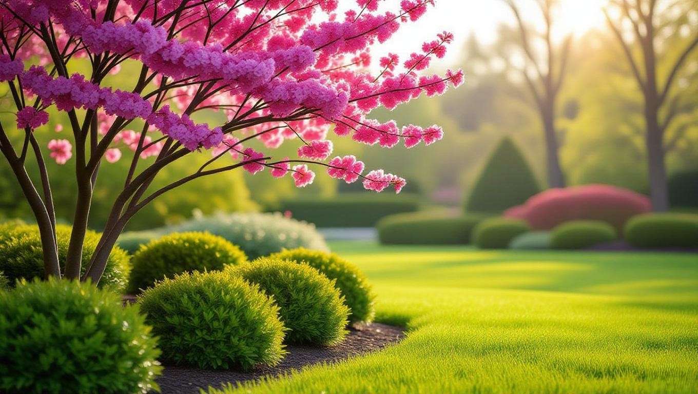 Eastern redbud tree with pink-lavender flowers and evergreen shrubs in a well-designed garden"