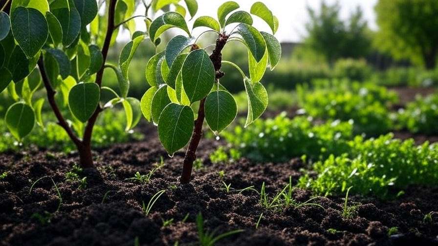 Pear tree with drip irrigation system, water droplets on leaves.