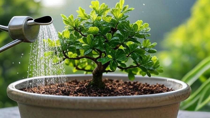 Bonsai oak tree being watered with droplets on leaves and a watering can."