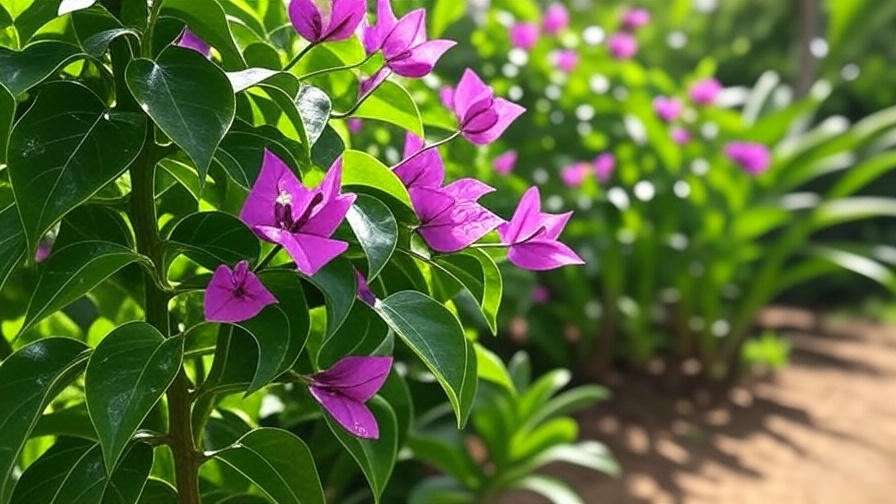 "Close-up of a bougainvillea tree with purple bracts and moist soil in a sunny garden."