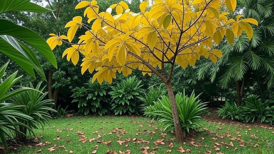"Guanacaste tree with yellowing leaves from overwatering next to a healthy tree."