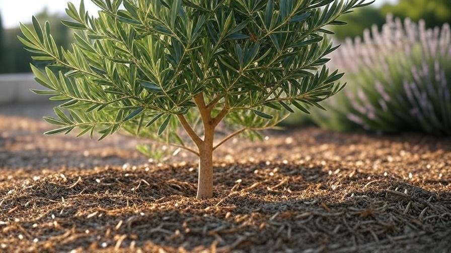Kalamata olive tree watered with drip irrigation and mulch in a sunny garden."