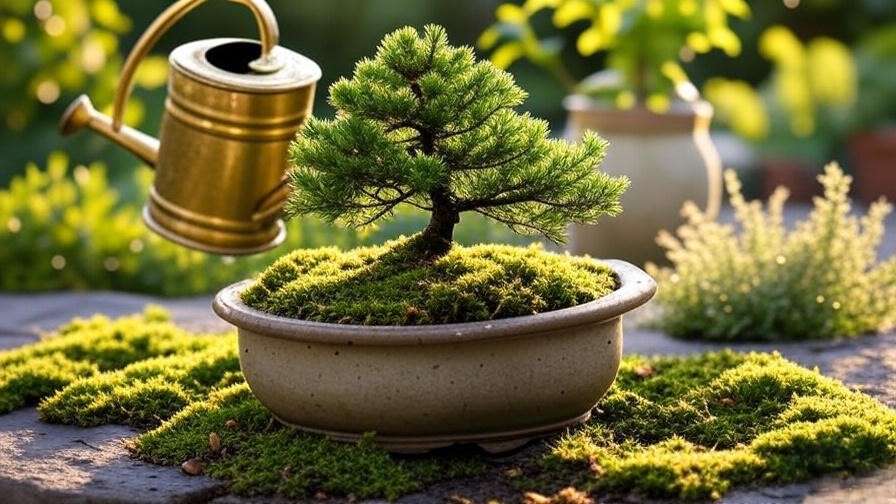 Spruce bonsai tree being watered with a can in a lush garden, highlighting proper watering techniques."