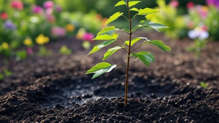 Watering a maple tree sapling with a soaker hose in a mulched garden"