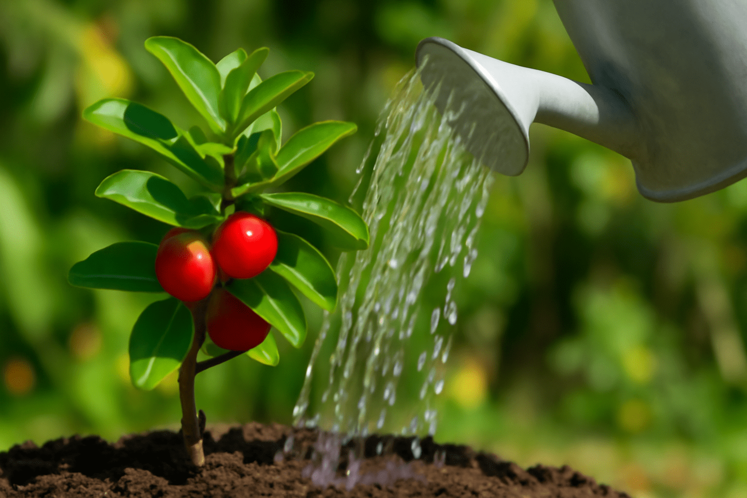 Close-up of a Barbados cherry tree branch being watered with a can in a tropical garden."