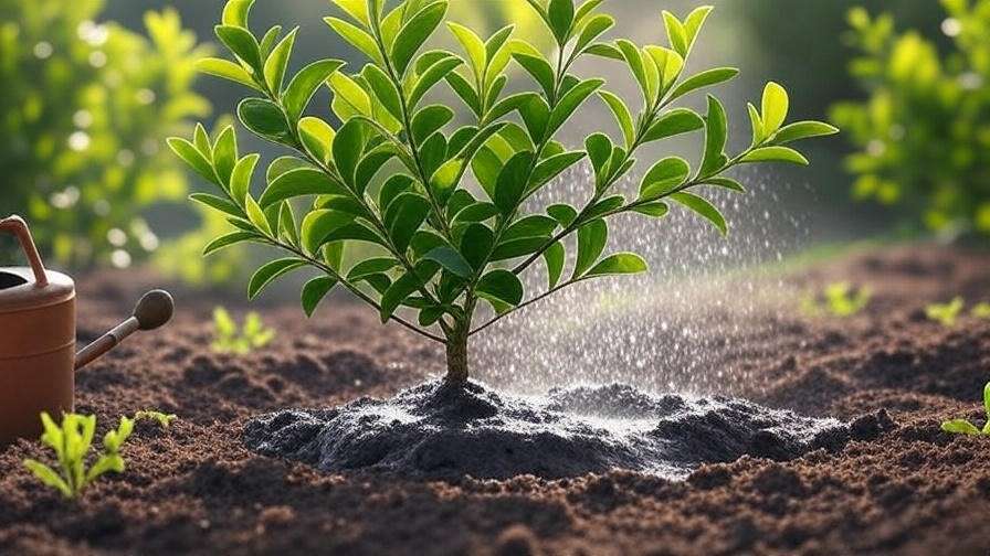 Bearss lime tree watered by drip irrigation with gardening tools in sunny garden."