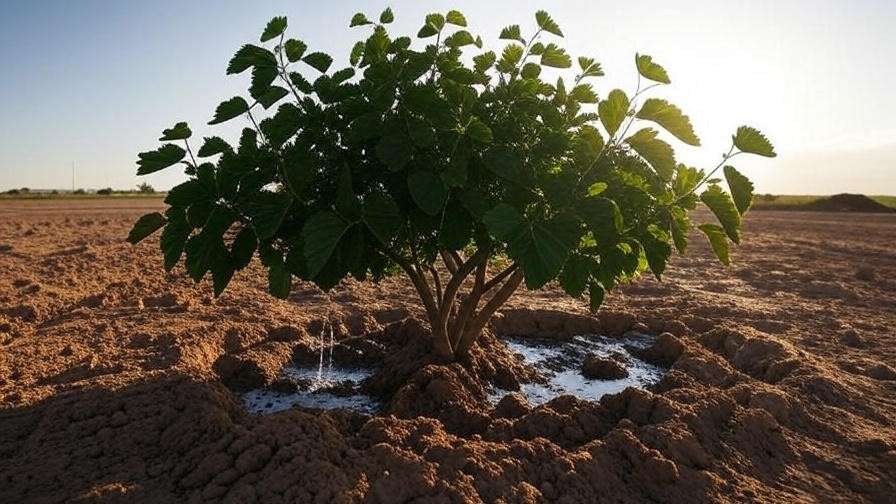 Mulberry tree with drip irrigation in dry Texas region".