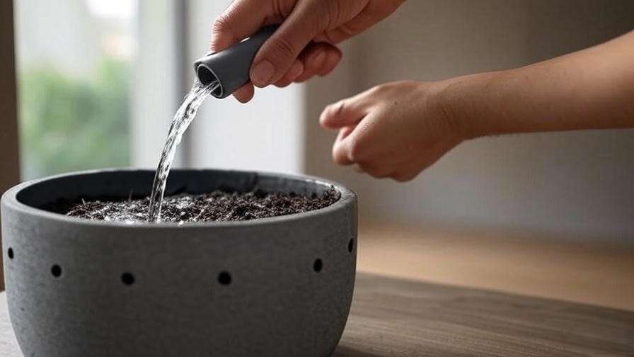 Hand watering a ficus tree pot with drainage holes for proper care