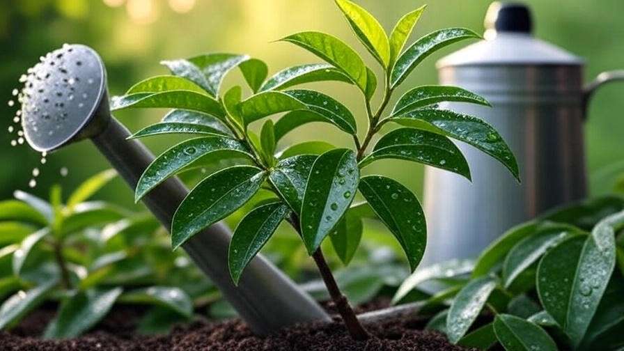 Cinnamon tree branch with water droplets and organic fertilizer in a garden".