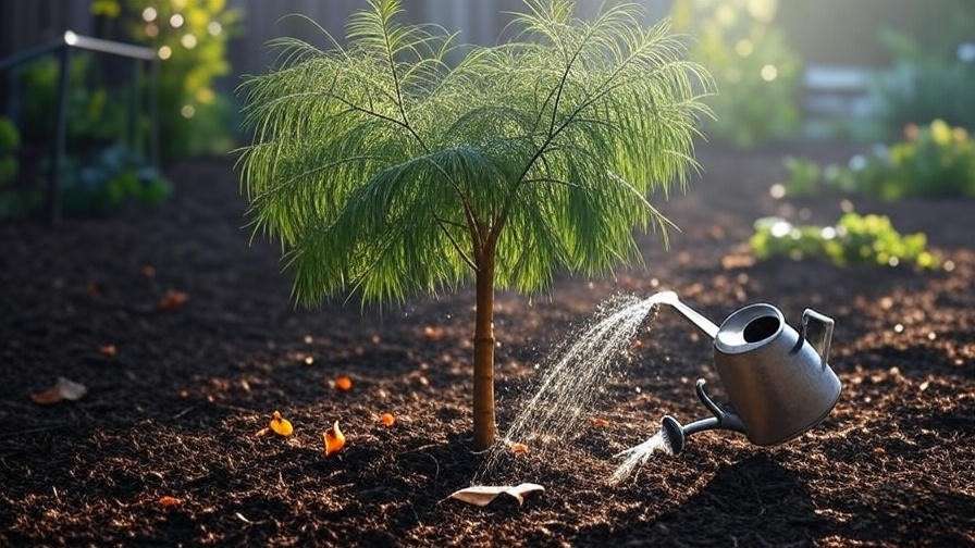 Feather tree being watered with a can in a mulched garden.
