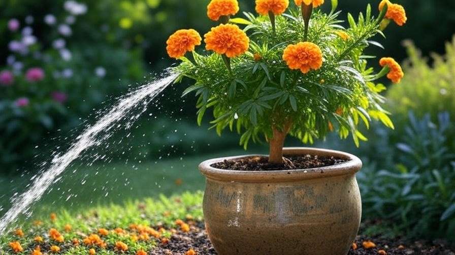Marigold tree with orange blooms being watered in a well-draining pot".
