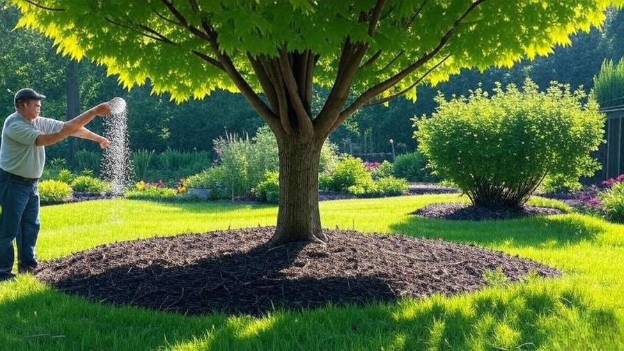 "Mature sugar maple tree with mulch and gardener applying fertilizer."