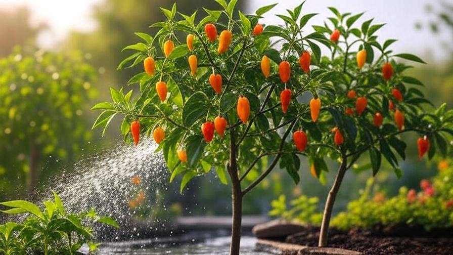 Watering a habanero tree with ripe orange and red peppers in a lush garden."