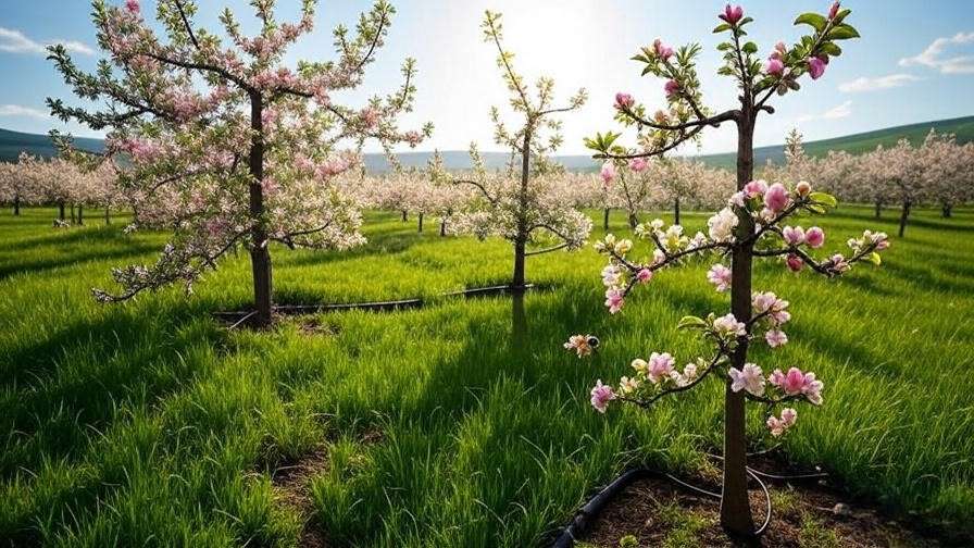 Bee pollinating apple tree blossoms with drip irrigation in an orchard."