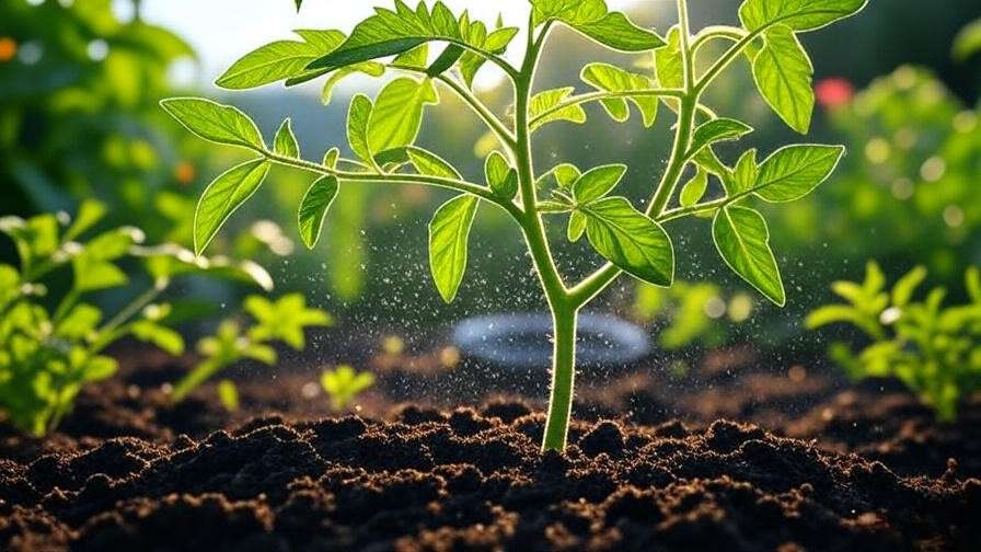 Tree tomato plant with drip irrigation system watering healthy green leaves and moist soil in a garden."