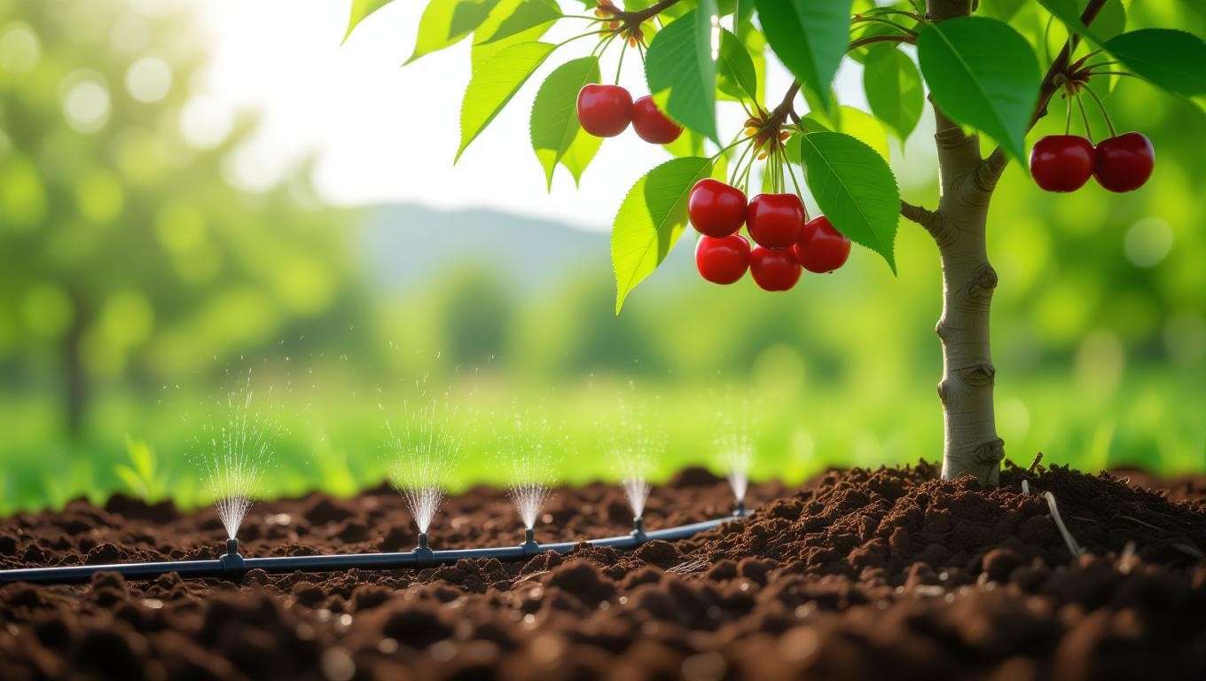 "Cherry tree with drip irrigation and mulch for healthy growth".