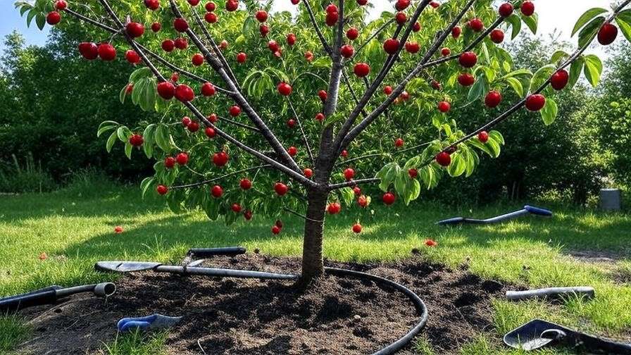 Cherry tree with ripe cherries and soaker hose under bird netting in summer."