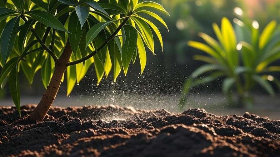 Mango tree watered with drip irrigation for healthy blooming".