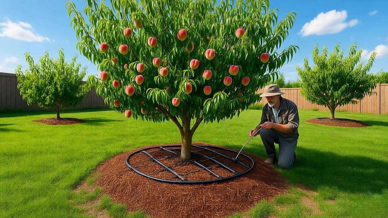 Drip irrigation and gardener checking moisture on a peach tree in a sunny backyard"