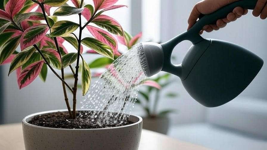 Hand watering a variegated rubber tree with draining soil in a pot"