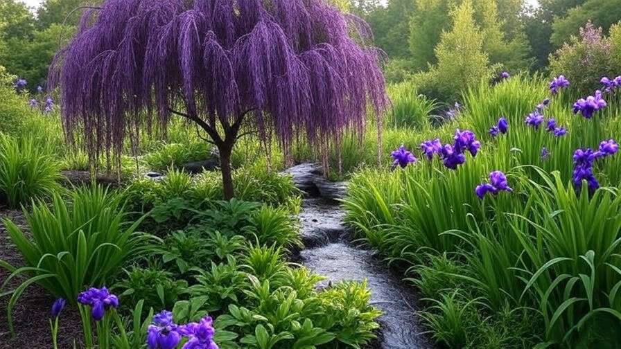 Purple willow tree in a wetland rain garden with irises and ferns."