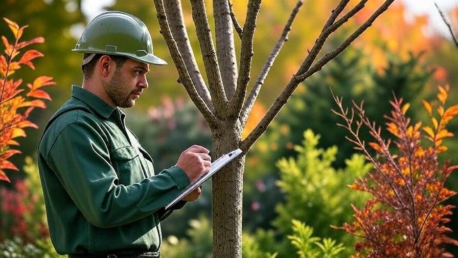 Arborist inspecting a barren tree with clipboard in a diverse garden setting."