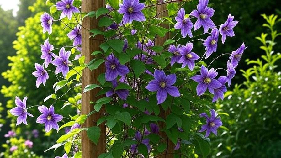 "Close-up of alpine clematis plants with purple and white flowers on a trellis in a sunny garden."