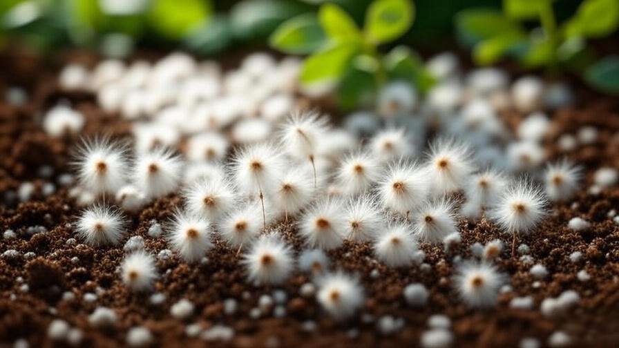 "Close-up of aspen tree seeds with cottony tufts on soil in a seed tray for planting"