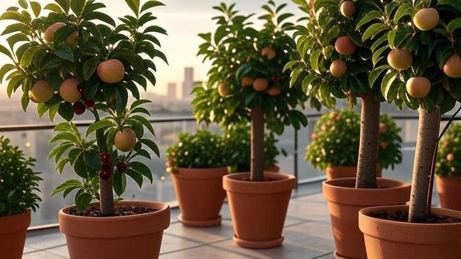 Close-up of columnar fruit trees with ripe apples, pears, and cherries in pots on an urban patio."