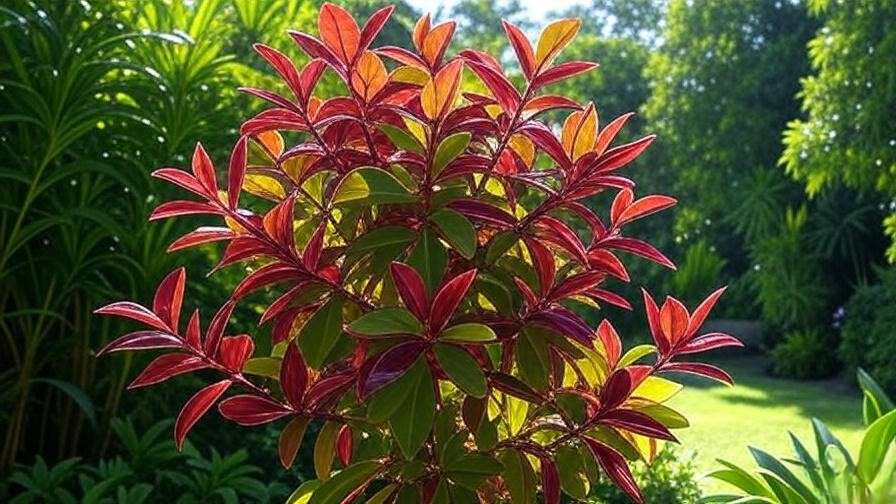 Close-up of vibrant jewel tree leaves in red, yellow, and green under indirect light"
