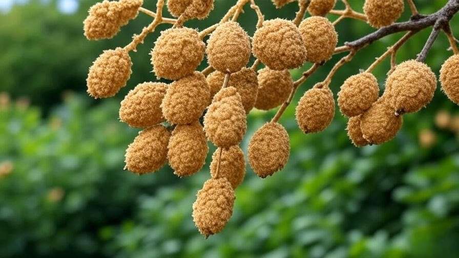 Close-up of mature mimosa tree seed pods on a branch in a lush garden."