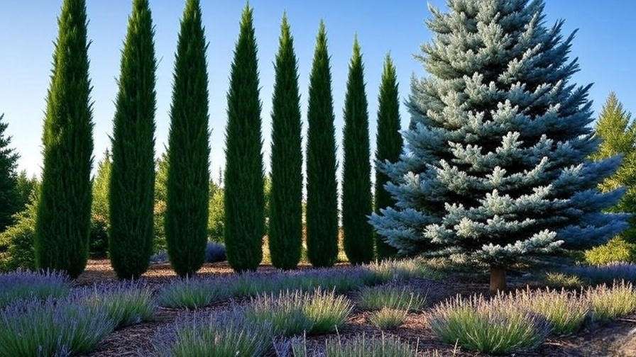Row of skinny trees including Italian Cypress, Skyrocket Juniper, and Columnar Blue Spruce in a sunny garden, showcasing their slender forms and lush foliage.