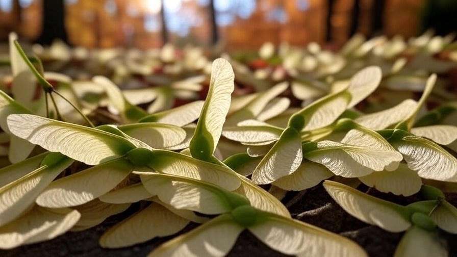 Close-up of sugar maple samaras on forest floor with blurred autumn tree background."