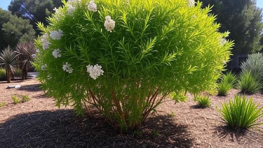 Close-up of a thriving willow myrtle tree with green foliage and white flowers in a Mediterranean garden.
