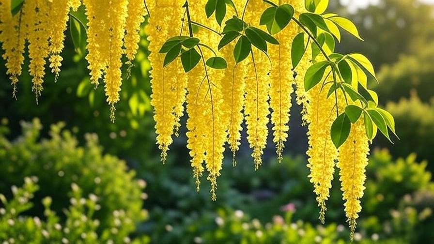 Close-up of a Golden Chain Tree with yellow blooms and bees pollinating in a lush garden.