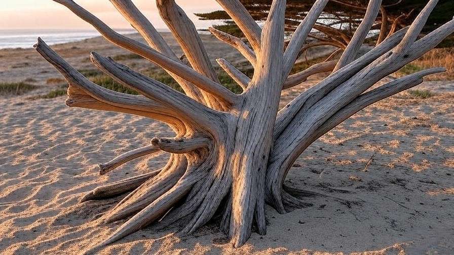 Close-up of a Monterey cypress driftwood tree with gnarled branches on a sandy coast