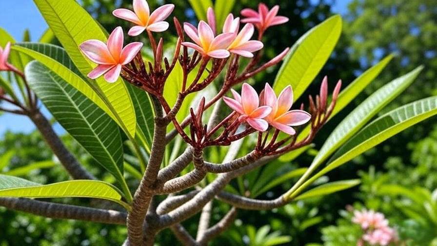 Close-up of a frangipani tree with pink and white blooms in a tropical garden."