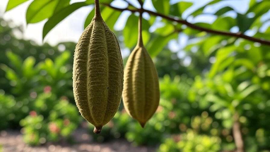 Close-up of guanacaste tree seed pod with lush green foliage in a tropical garden."