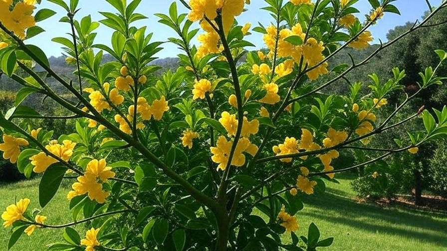 Close-up of a lemon thorn tree with yellow flowers and thorny branches in a sunny garden"
