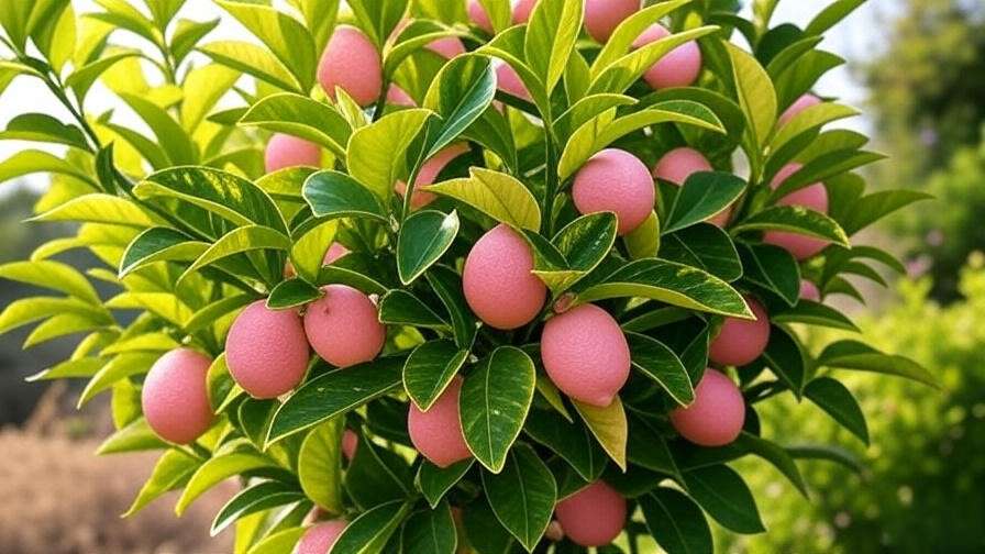 Close-up of a thriving Lemon Tree Pink with pink-fleshed lemons and variegated leaves in a sunny garden."
