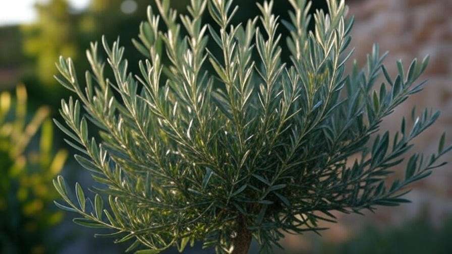 Close-up of a Little Ollie olive tree with silvery-green leaves in a sunny garden"