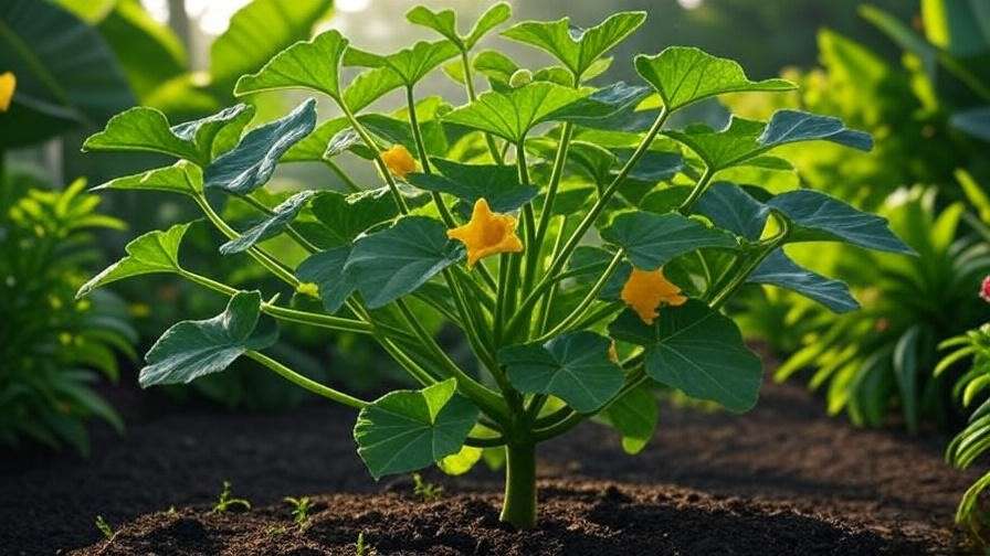Close-up of a pumpkin tree with glossy leaves and vibrant bell-shaped flowers in a tropical garden."