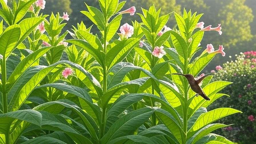 Close-up of a tobacco tree with pink and white flowers and a hummingbird, lush green leaves in a garden.
