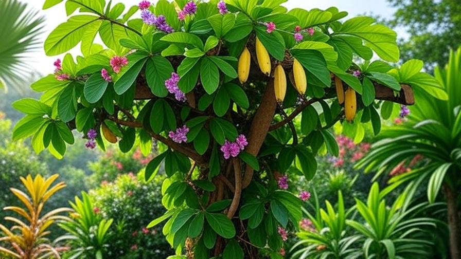 Vibrant tumbo tree with pink flowers and yellow fruits on a trellis in a tropical garden