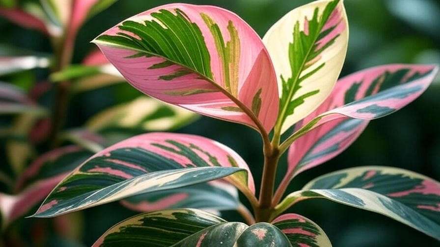 Close-up of variegated rubber tree leaf with pink, cream, and green colors"