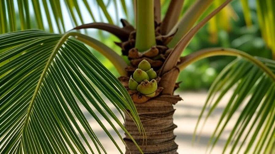 Close-up of a healthy coconut tree heart with green fronds in a tropical setting."