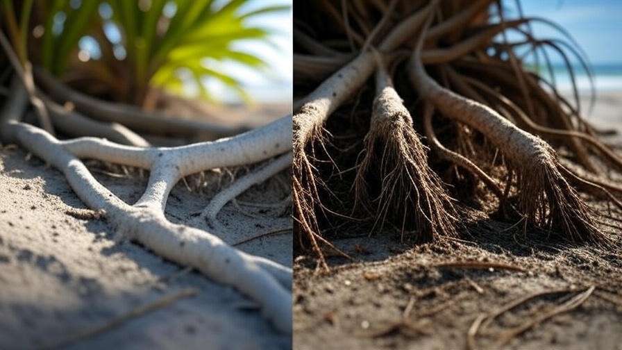 "Healthy vs. unhealthy palmetto tree roots in sandy soil, showcasing care tips for growth and damage prevention."